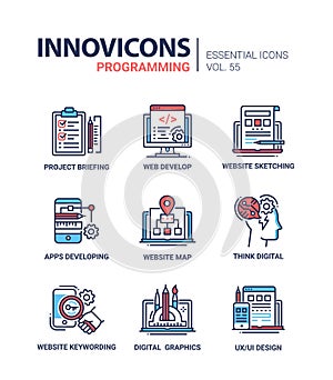 Programming - modern vector line design icons set.