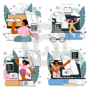 Programming online service or platform set. Coding, testing and writing