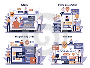 Programming online service or platform set. Coding, testing