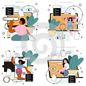 Programming online service or platform set. Coding, testing and writing