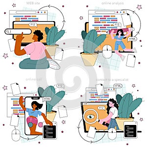 Programming online service or platform set. Idea of coding, testing