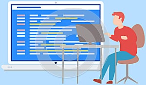 Programming process of creating computer programs, coding, programmer at work with computer