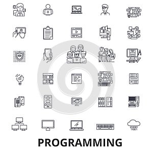 Programming, programmer, code, computer, software, development, application line icons. Editable strokes. Flat design