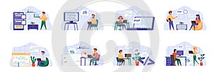 Programming scenes bundle with people characters. Frontend and backend developers team working in office, web design and software