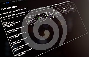 Programming screen showing package styles in UML class diagram with grouped classes and custom styles using PlantUML syntax for
