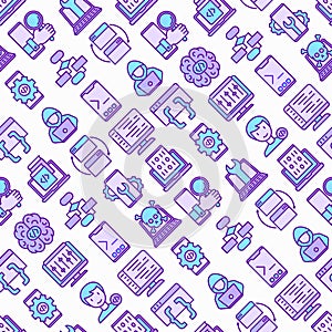 Programming seamless pattern with thin line icons: developer, code, algorithm, technical support, program setup, porting,