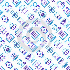 Programming seamless pattern with thin line icons: developer, code, algorithm, technical support, program setup, porting,