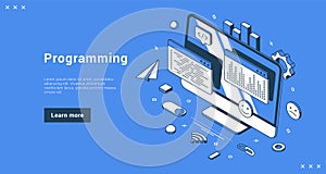 Programming service website software development with computer landing page isometric vector