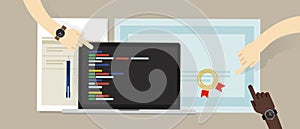 Programming skill certificate certification with laptop and coding app script software programs. education skill