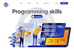 Programming skills flat landing page. Developers team creating, testing and programming computer application vector illustration.