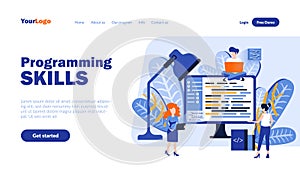 Programming skills vector landing page template with header. Software development web banner, homepage design with flat