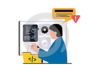 Programming software concept with character situation. Man working with code part, fixing bugs and testing, technical support