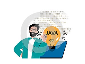 Programming software concept with character situation. Man working with java program language code, generates new idea and fixing