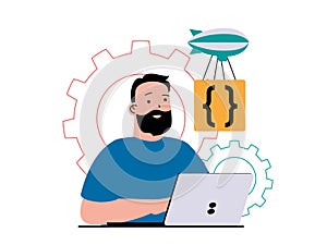 Programming software concept with character situation. Man working with program code on laptop, fixing bugs, testing and