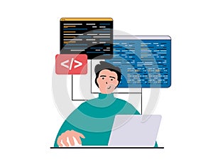 Programming software concept with character situation. Man working with program code at laptop, testing scripts and engineering