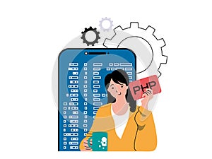 Programming software concept with character situation. Woman working with program code on mobile platform app, testing and
