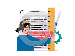 Programming software concept with character situation. Woman working with program code, testing and optimization, engineering