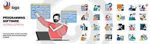 Programming software concept with character situations mega set. Vector illustrations