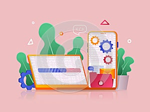 Programming software concept 3D illustration. Icon composition with coding and testing code on laptop or smartphone screens,