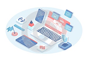 Programming software concept. Full stack software development, engineering, programming and testing web template.