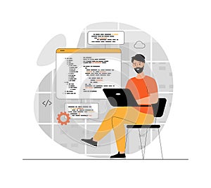 Programming software concept. Man write, test and optimize code, work with different program languages. Illustration