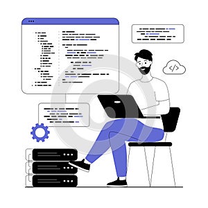 Programming software concept. Man write, test and optimize code, work with different program languages. Vector