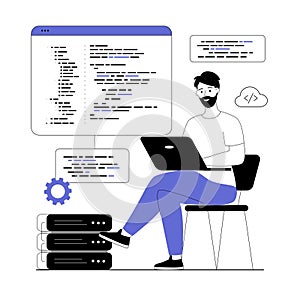 Programming software concept. Man write, test and optimize code, work with different program languages. Vector