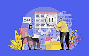 Programming software concept with modern flat design for web. Developers working with code on screens, creating new program