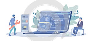 Programming Software. Developer team working with programming code on laptop. Backend development concept. Vector