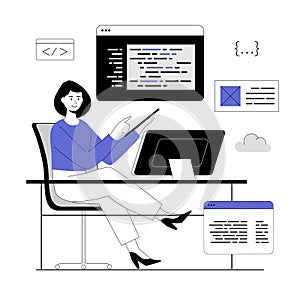 Programming and software development concept. Computer engineer writes code. Vector