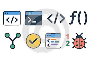 Programming and Software Development Icon Set with Code, Terminal, Debugging Symbols