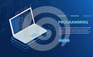 Programming and software development, program code on laptop screen, big data processing, computing isometric.