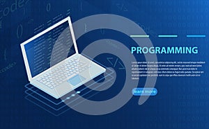 Programming and software development, program code on laptop screen, big data processing, computing isometric.