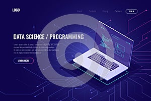 Programming and software development web page banner isometric icon, laptop pc with program code on screen, data