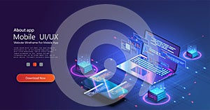 Programming and software development web page banner, program code on screen device. Software development coding process