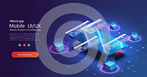 Programming and software development web page banner, program code on screen device. Software development coding process