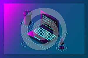 Programming or Software development web page template. Vector illustration with laptop isometric view and program code on screen.
