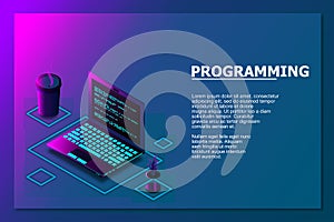 Programming or Software development web page template. Vector illustration with laptop isometric view and program code on screen.
