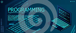 Programming or Software development web page template. Vector illustration with laptop isometric view and program code on screen.