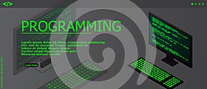 Programming or Software development web page template. Vector illustration with laptop isometric view and program code on screen.