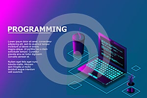 Programming or Software development web page template. Vector illustration with laptop isometric view and program code on screen.