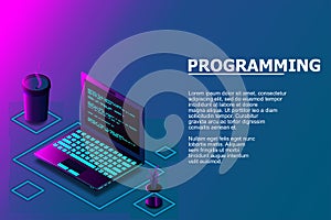 Programming or Software development web page template. Vector illustration with laptop isometric view and program code on screen.