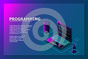 Programming or Software development web page template. Vector illustration with laptop isometric view and program code on screen.