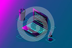 Programming or Software development web page template. Vector illustration with laptop isometric view and program code on screen.