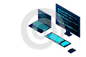 Programming or Software development web page template. Vector illustration with laptop isometric view and program code on screen