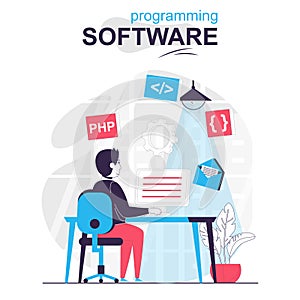 Programming software isolated cartoon concept. Developer programs in php language at computer people scene in flat design. Vector
