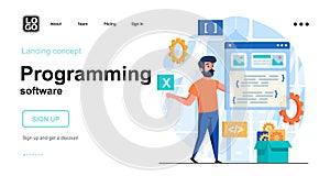 Programming software web concept. Developer creates interface of application, program or website. Template of people scenes.