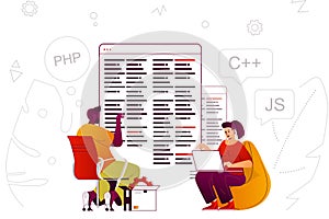 Programming software web concept. Developers create programs and applications. People scene with flat line characters design for