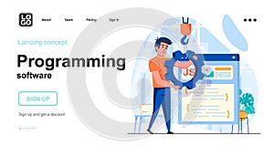 Programming software web concept. Man configures program, develops code, creates app interface. Template of people scene. Vector