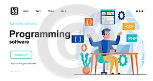 Programming software web concept. Man programmer creates software, programs and applications. Template of people scenes. Vector
